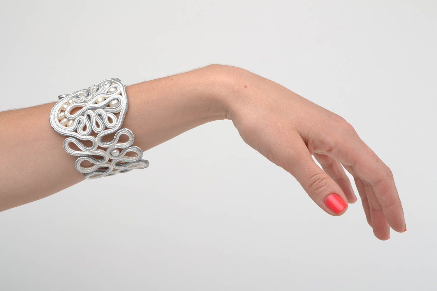 Light festive handmade designer women's soutache bracelet with river pearl photo 1