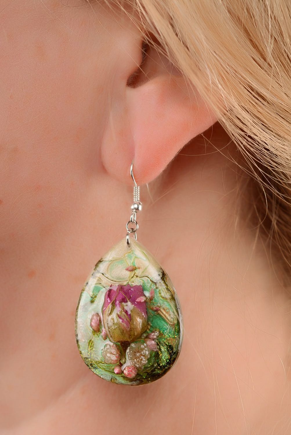 Boucles d'oreilles pendantes avec fleurs séchées Malachite  photo 3