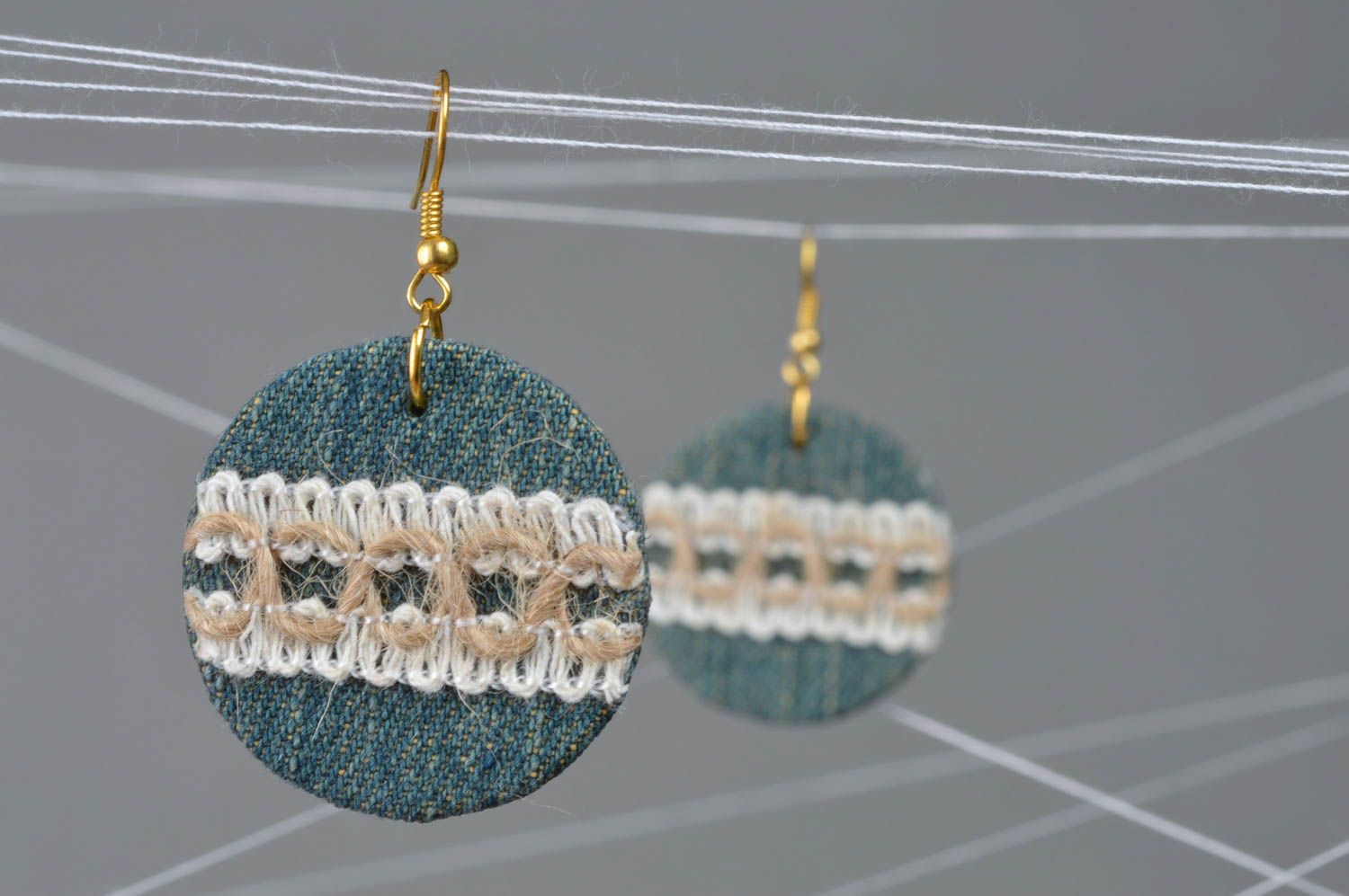 Unusual handmade denim fabric round earrings of small size photo 1
