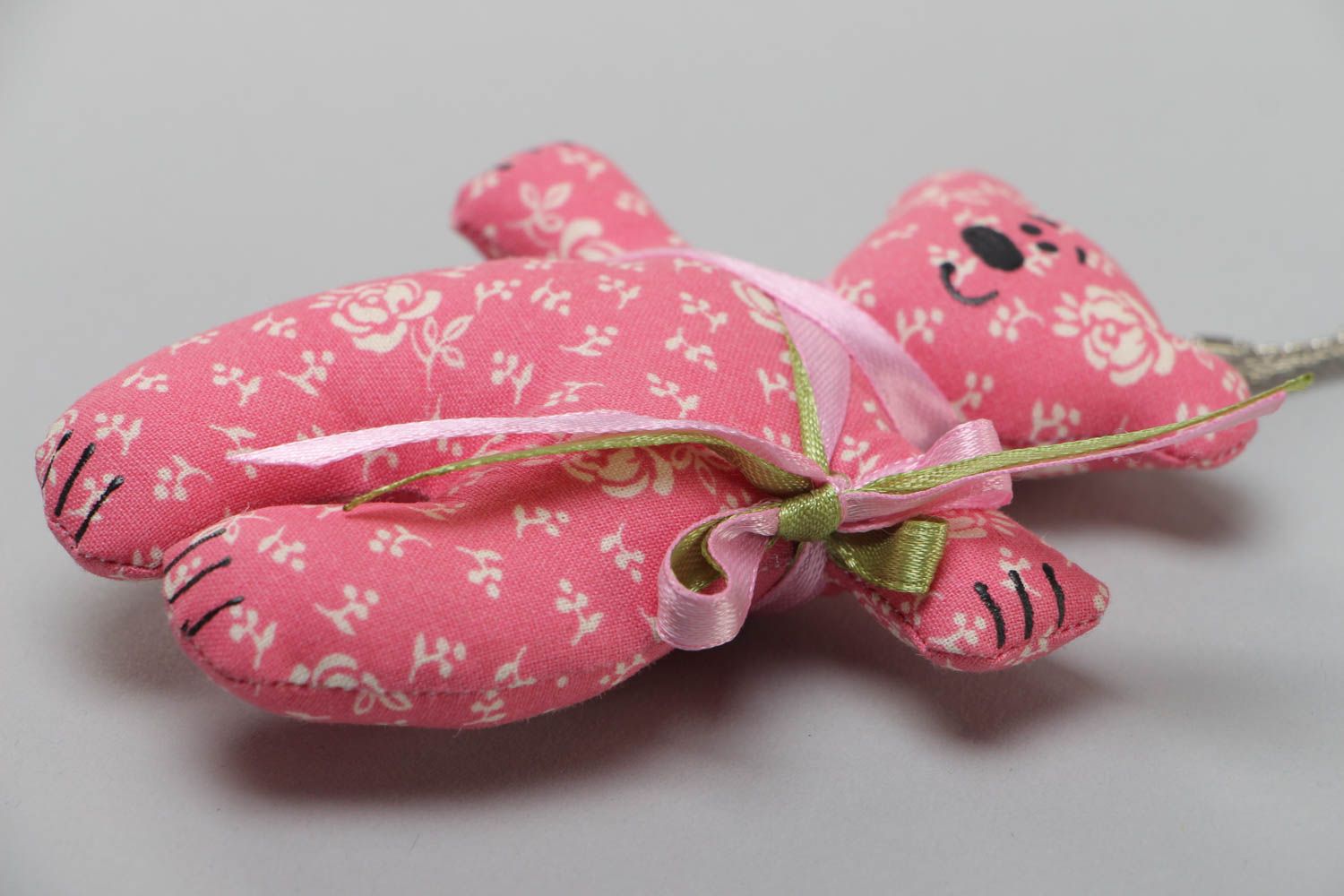 Handmade designer fabric soft keychain in the shape of pink bear photo 3