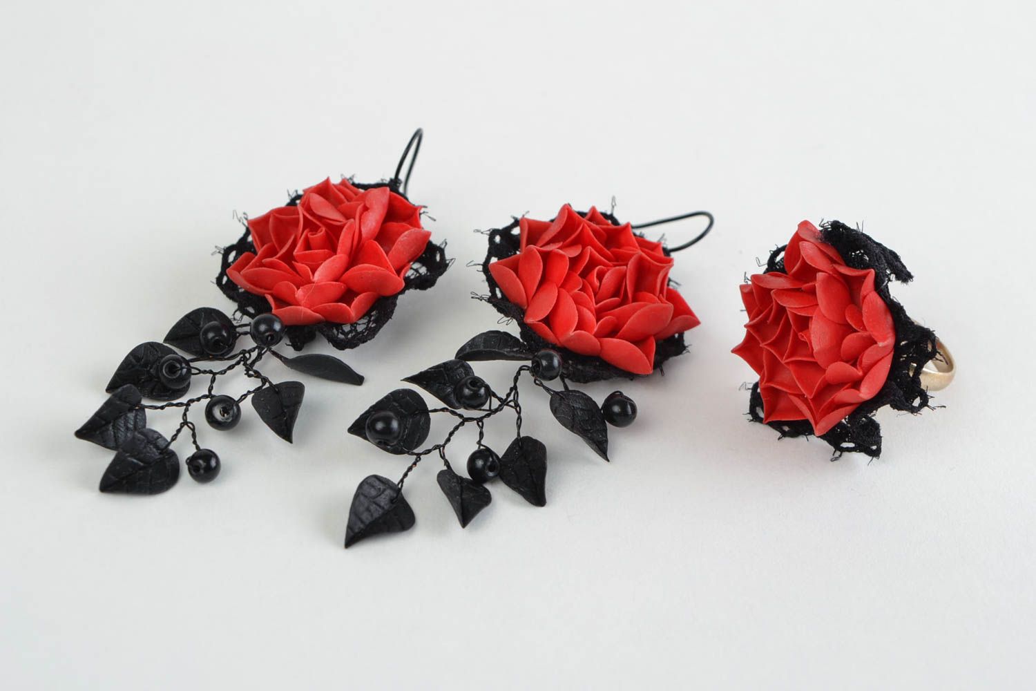 Set of handmade jewelry made of cold porcelain earrings and ring Red Roses photo 2