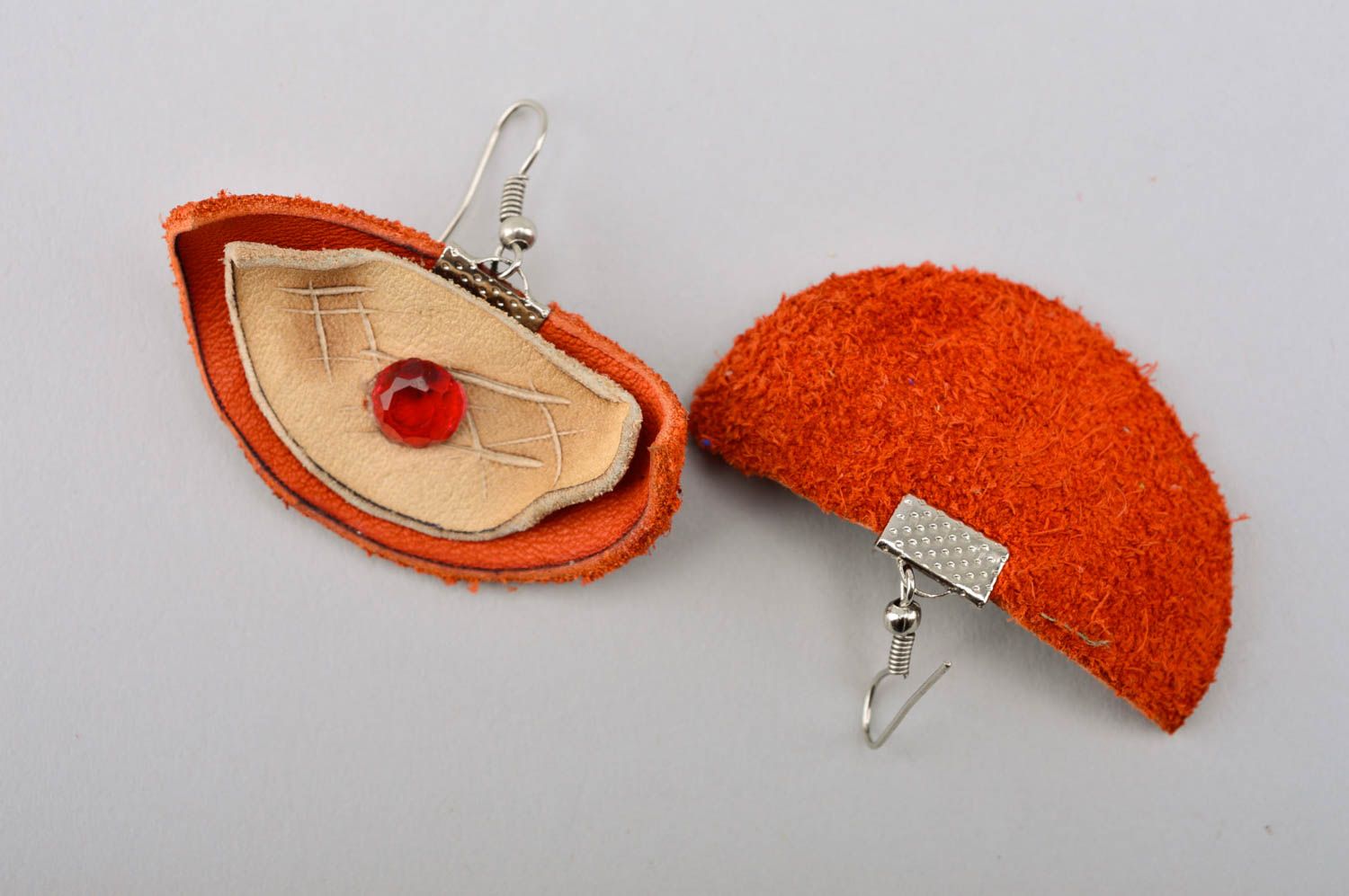 Boucles d'oreilles en cuir Bijou fait main orange avec cristaux Cadeau femme photo 4