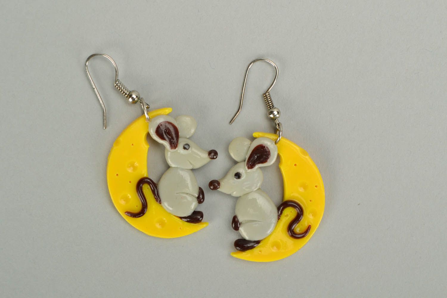Polymer clay earrings Little mouse on cheese photo 2
