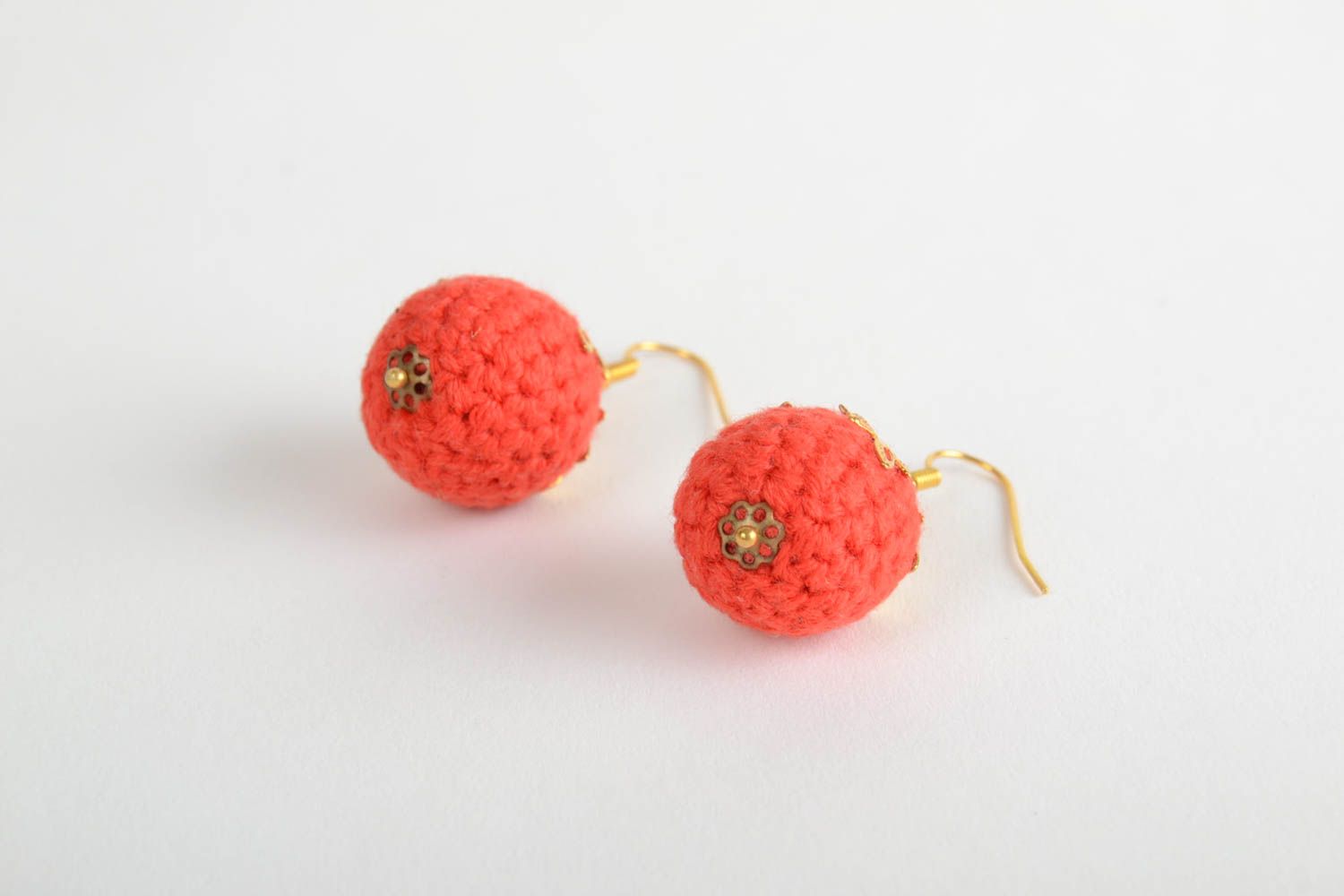 Beautiful red handmade crochet ball earrings for women photo 5