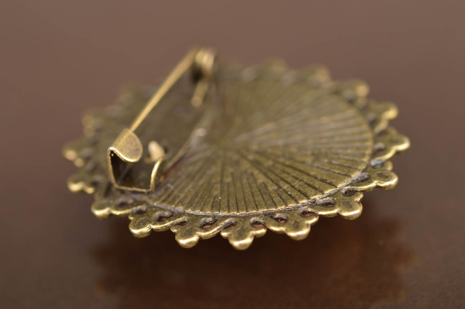 Beautiful stylish handmade designer metal brooch with cabochon unusual adornment photo 2
