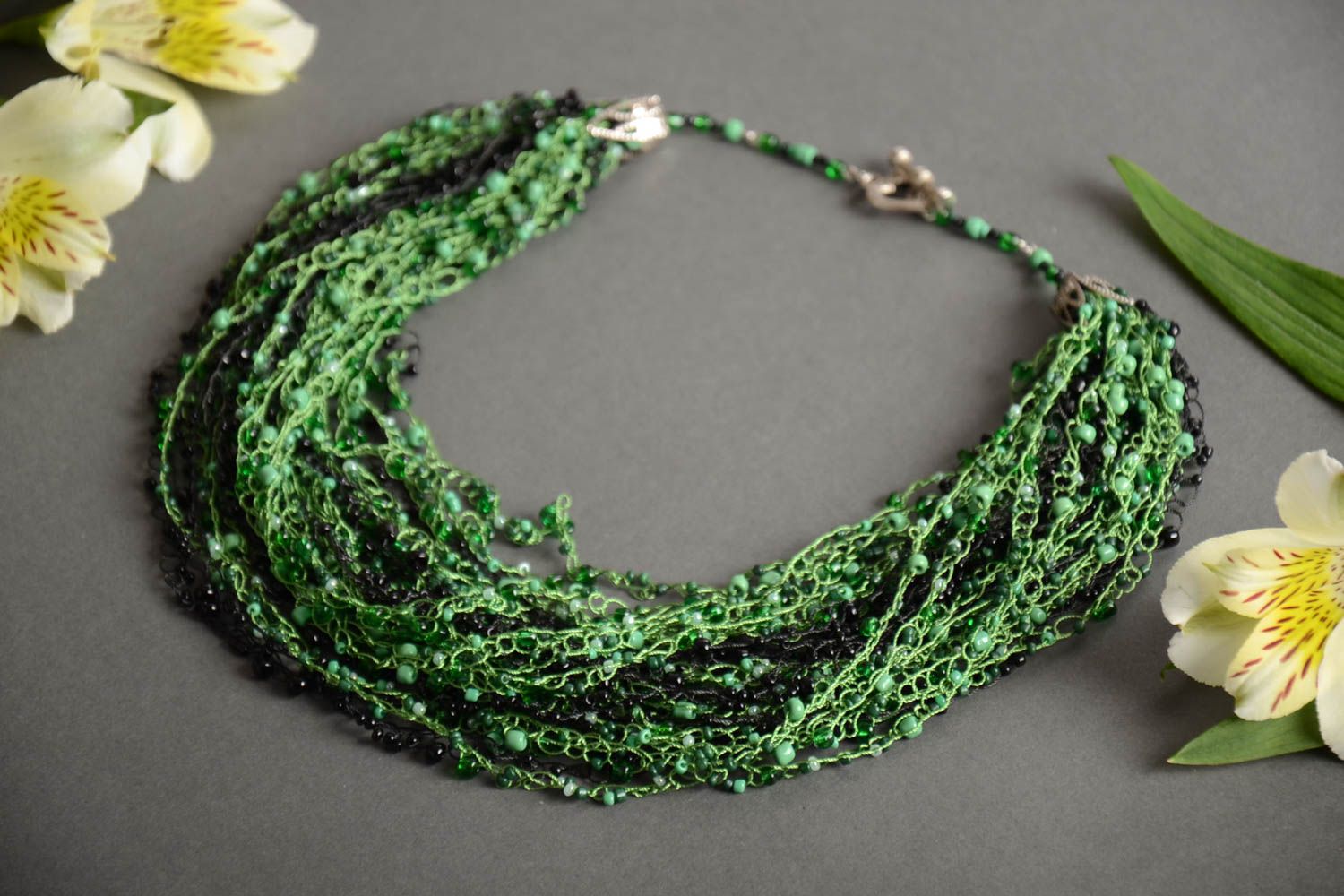 Handmade tender green and black airy multi row necklace crocheted of Czech beads photo 1
