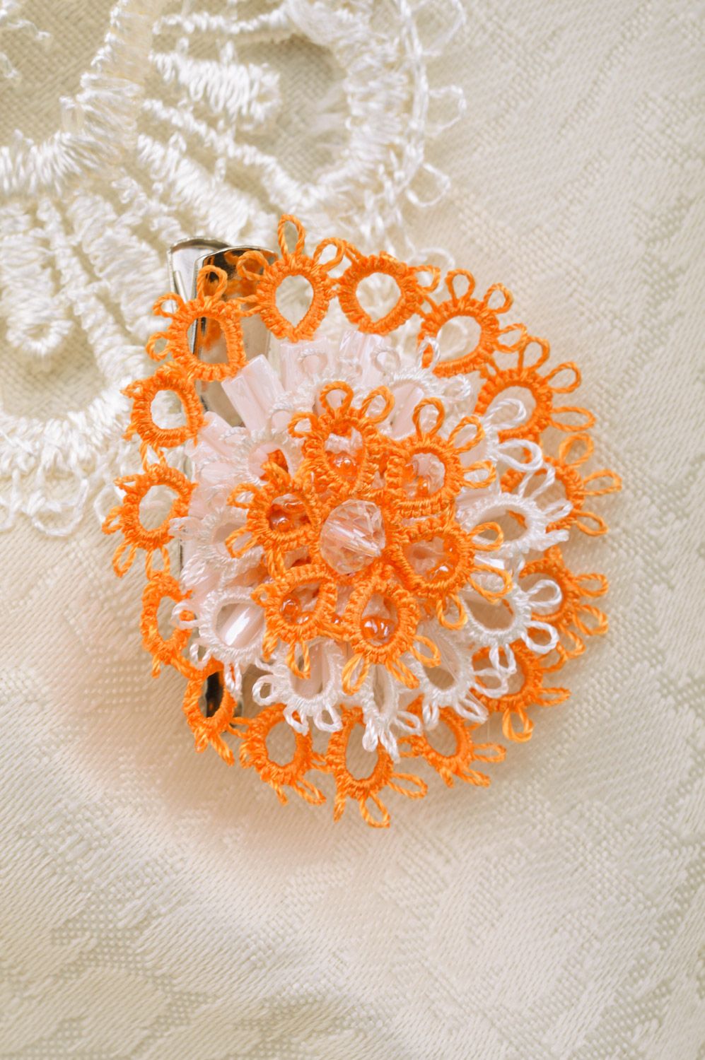 Orange and white handmade woven thread brooch hair clip with double fastening photo 5