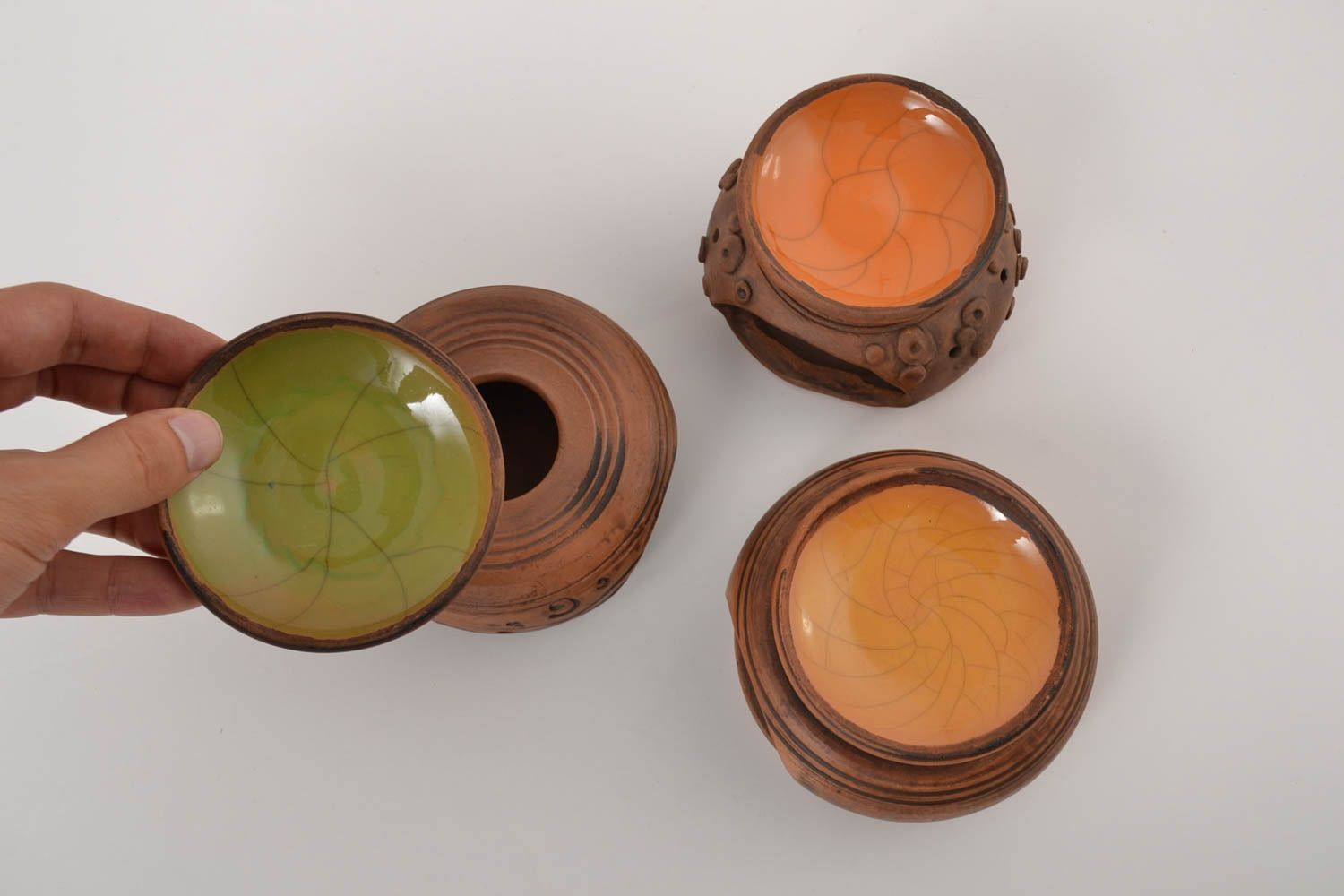 Kerzenhalter aus Ton Handmade Set Öl Duftlampe Deko Kerzenständer 3 Stück bunt foto 7