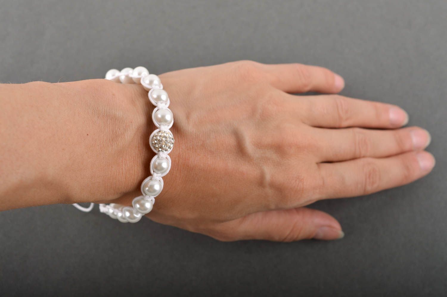 White rope cord bracelet with large white beads for girls photo 3