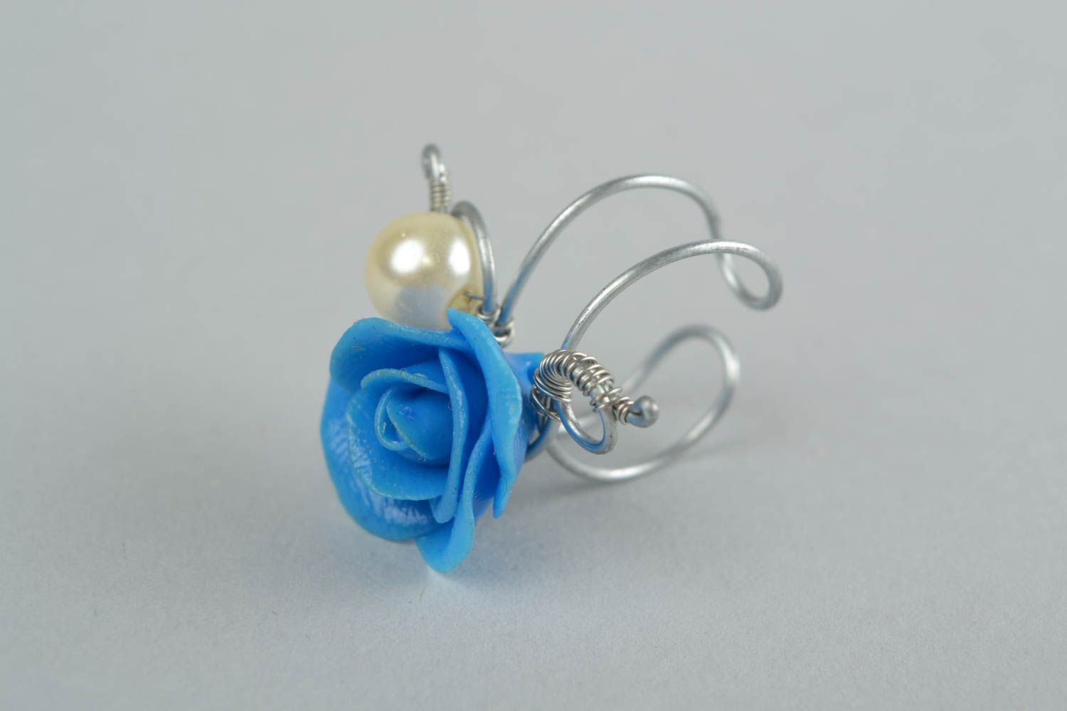 Unusual blue polymer clay flower ring on wire wrap basis hand made photo 4