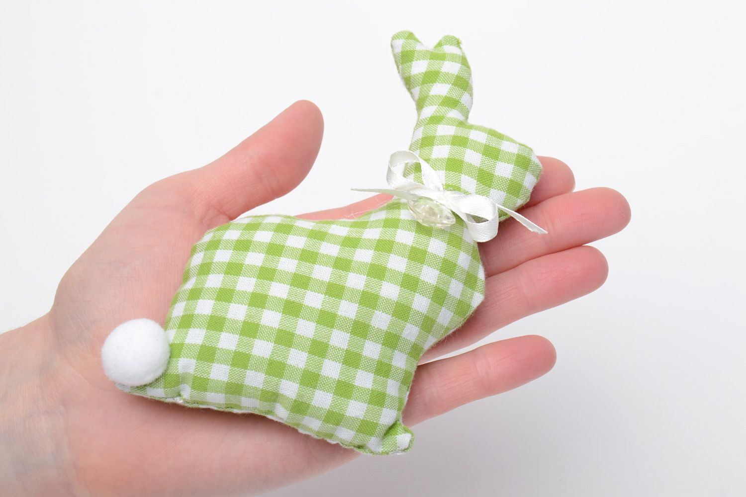 Handmade interior soft toy sewn of checkered green fabric in the shape of rabbit  photo 5