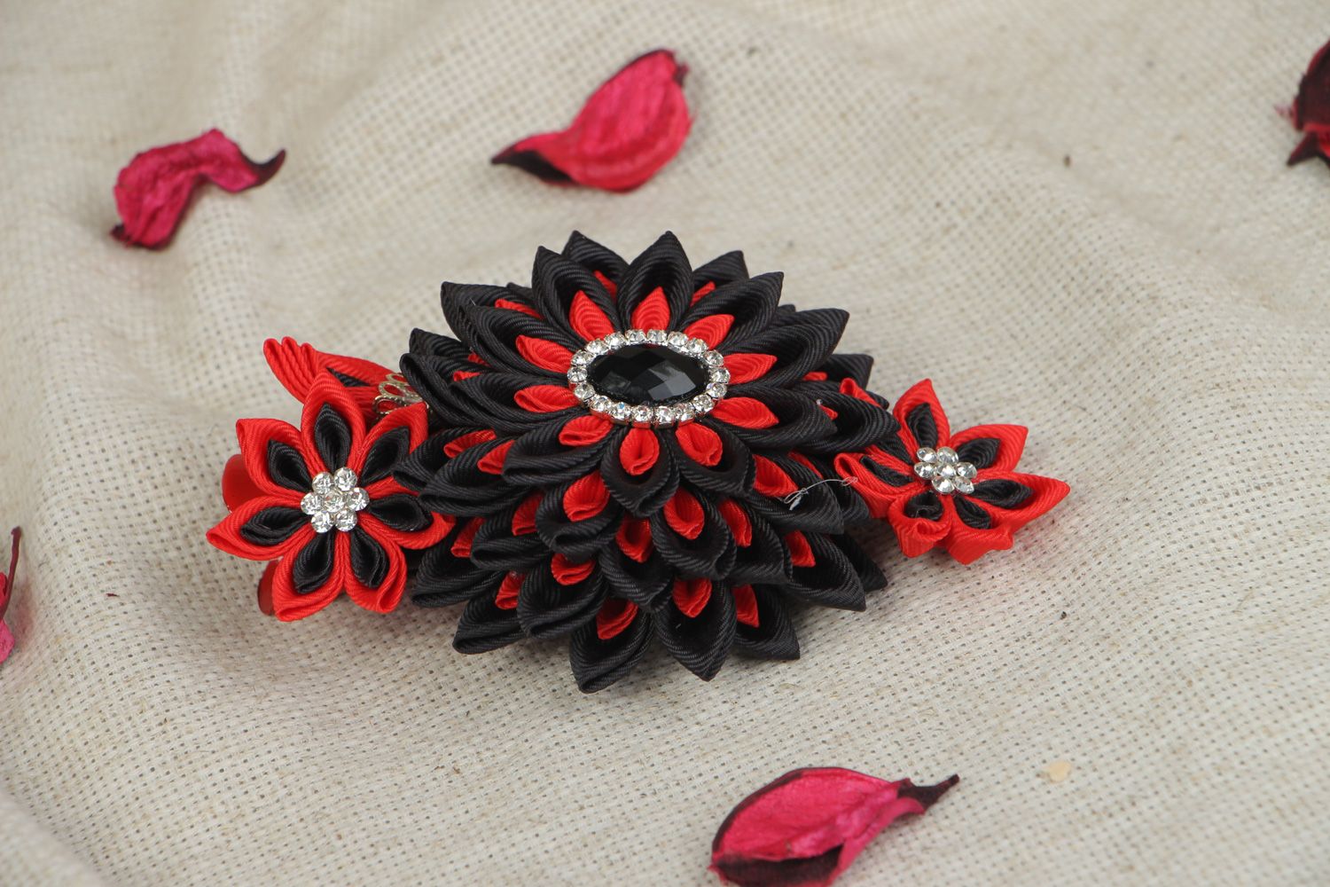 Black and red handmade hair clip with kanzashi flower created of rep ribbons photo 5