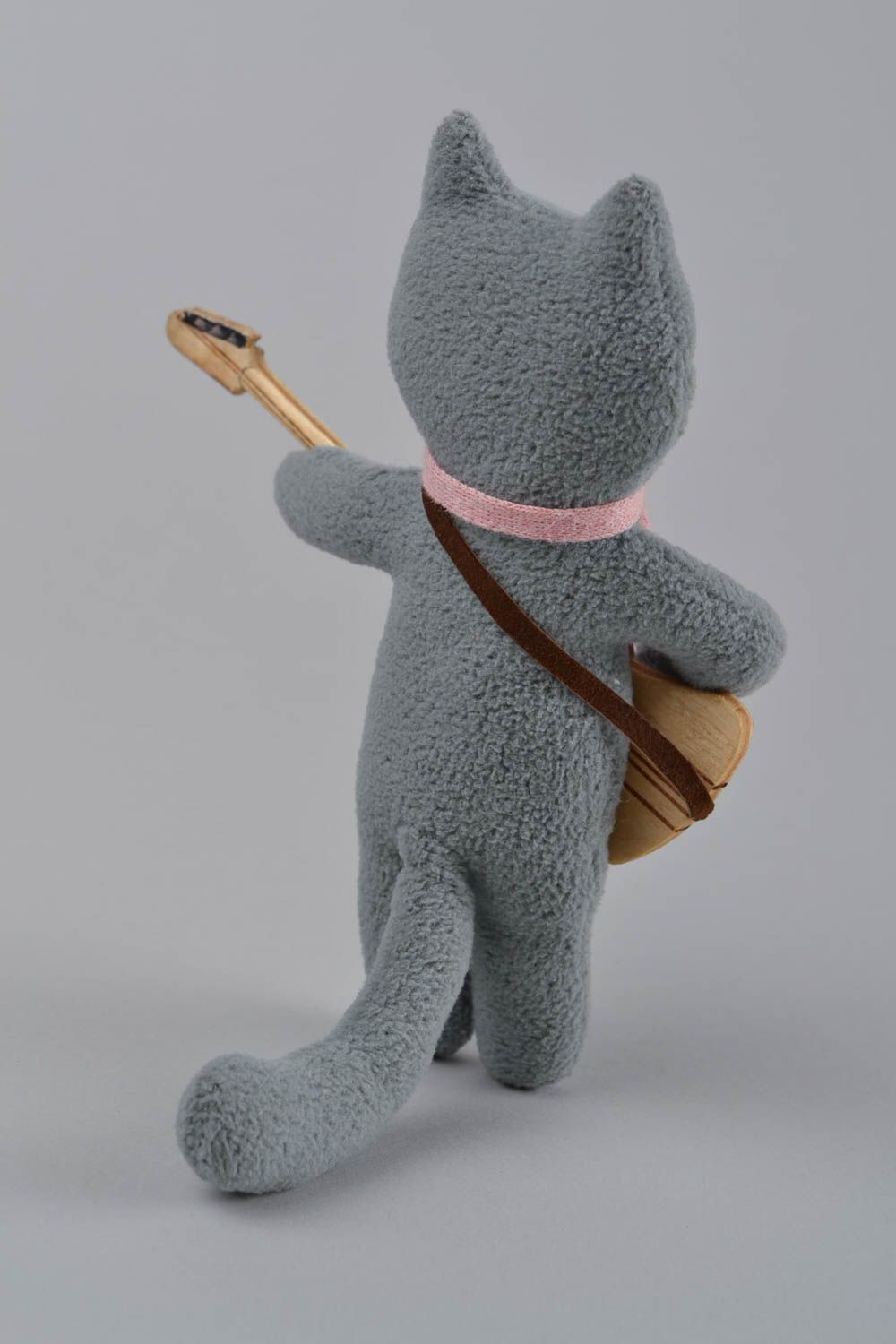 Handmade small designer soft toy sewn of gray fleece Cat with guitar for kids photo 5