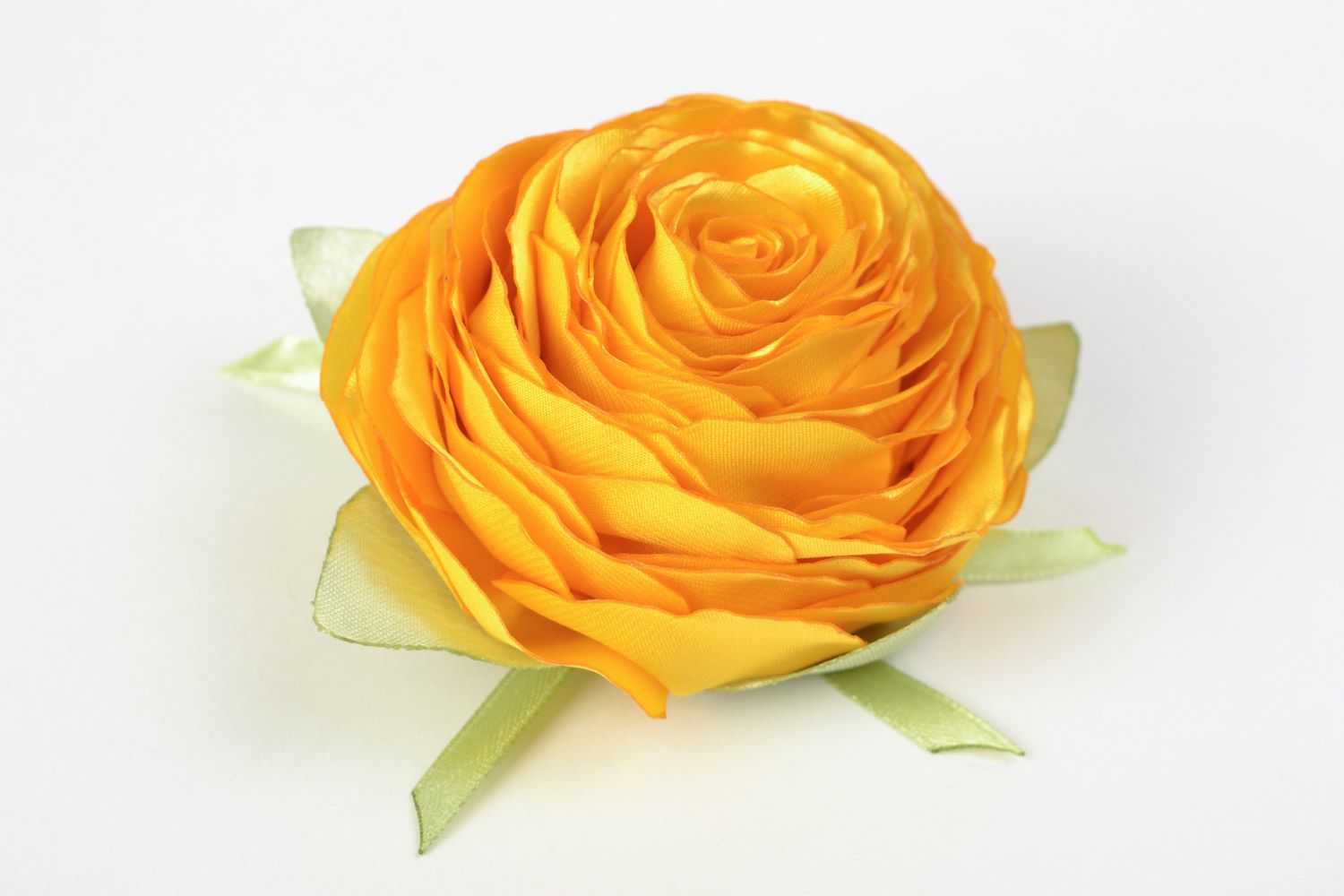 Festive handmade textile satin flower brooch hair clip in the shape of yellow rose photo 3