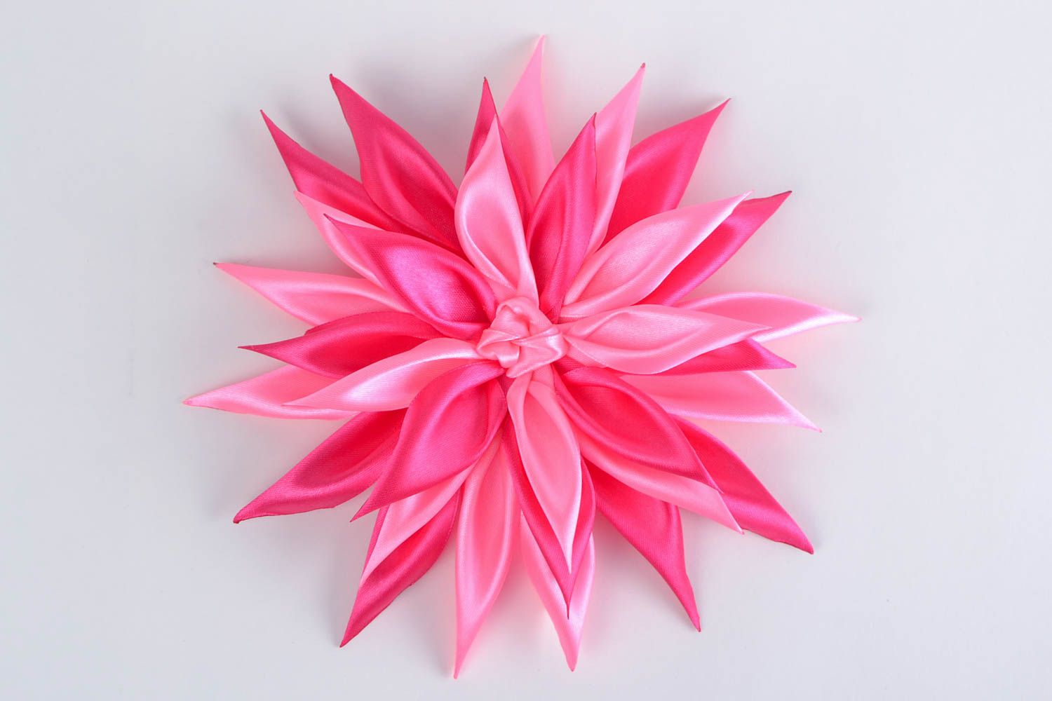 Handmade decorative hair band with bright pink volume ribbon kanzashi flower photo 3