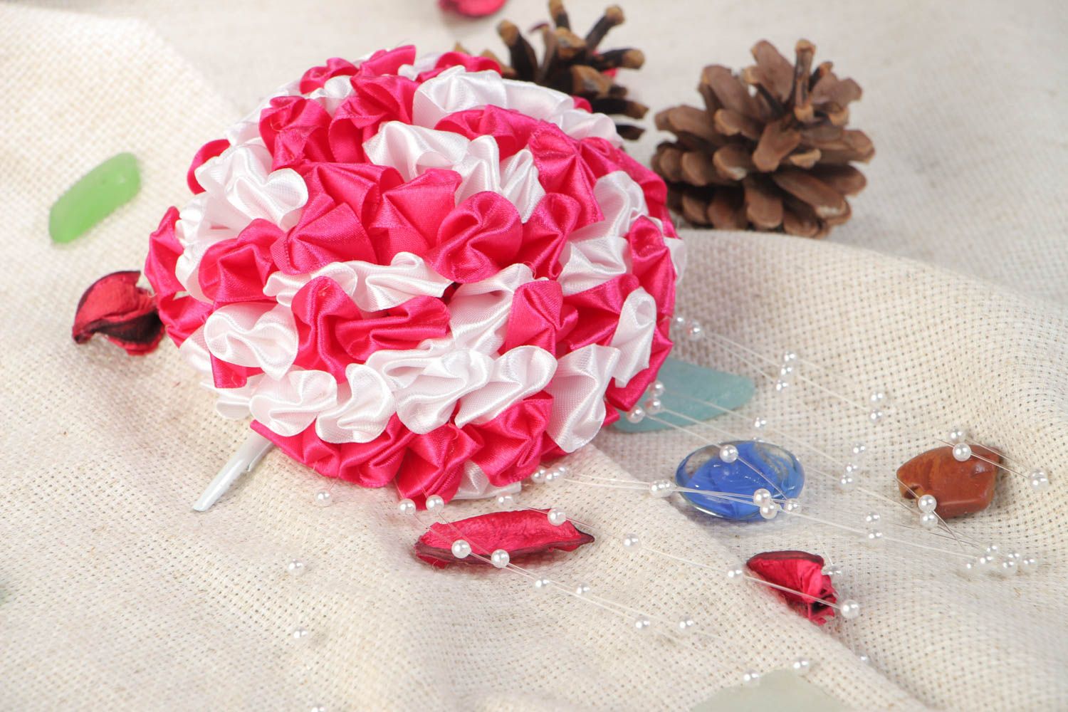 Handmade decorative hair clip with red and white satin ribbon kanzashi flower photo 1