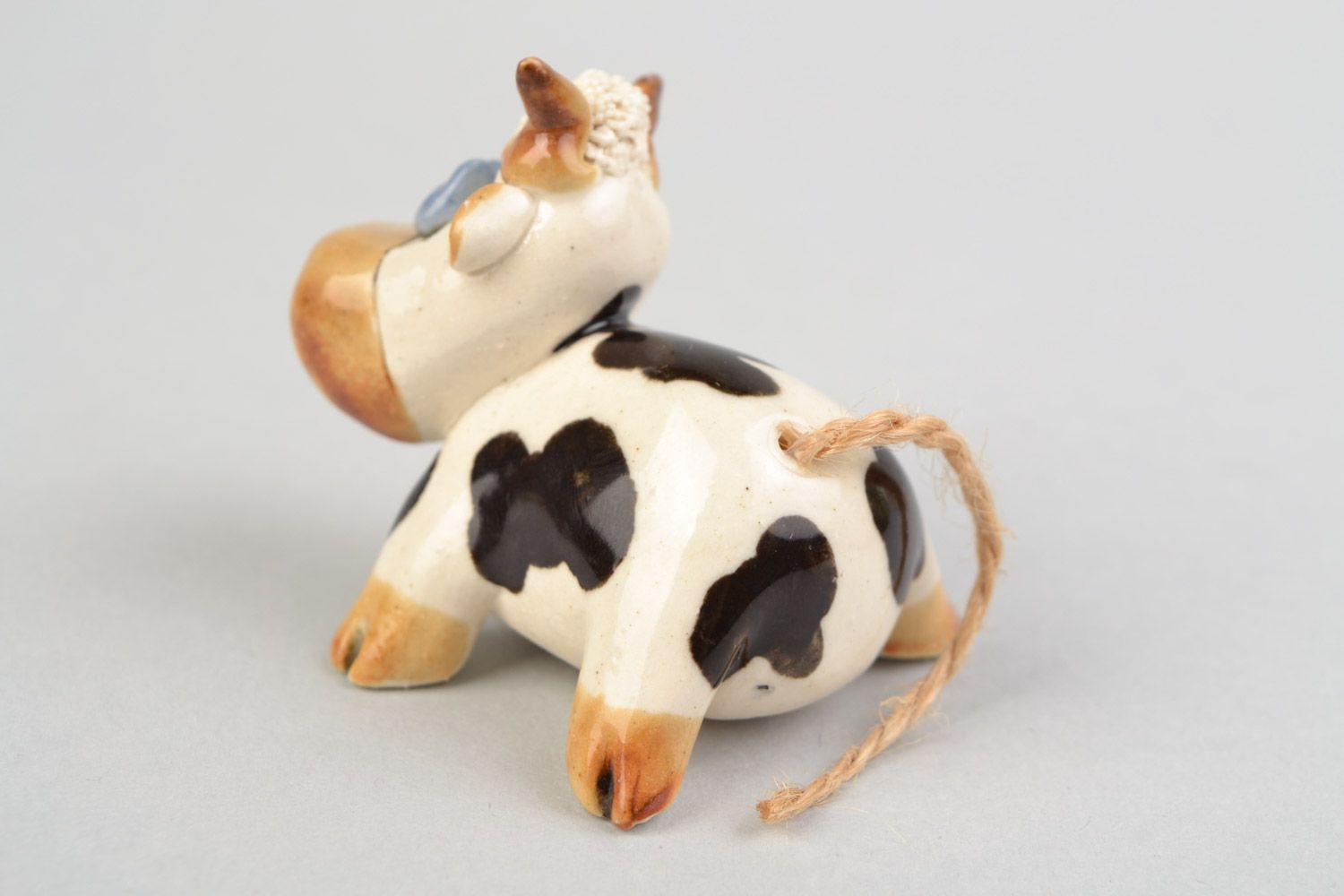 Funny handmade designer painted glazed clay figurine of cow for home decor photo 5