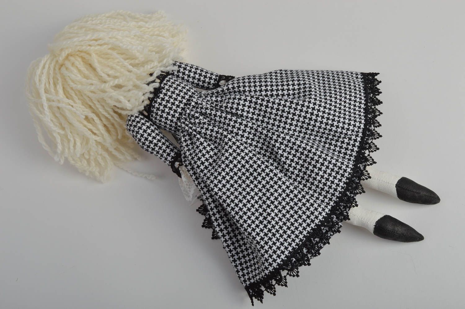 Handmade designer fabric soft doll girl in checkered black and white dress photo 4