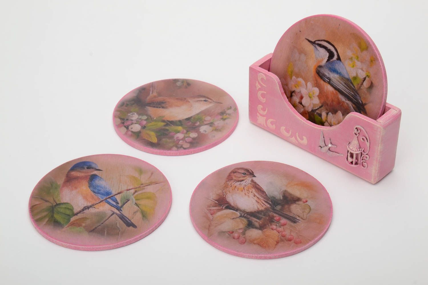 Tassen Untersetzer handmade Set von 4 Stücken mit Vögeln rosafarbig Decoupage  foto 2