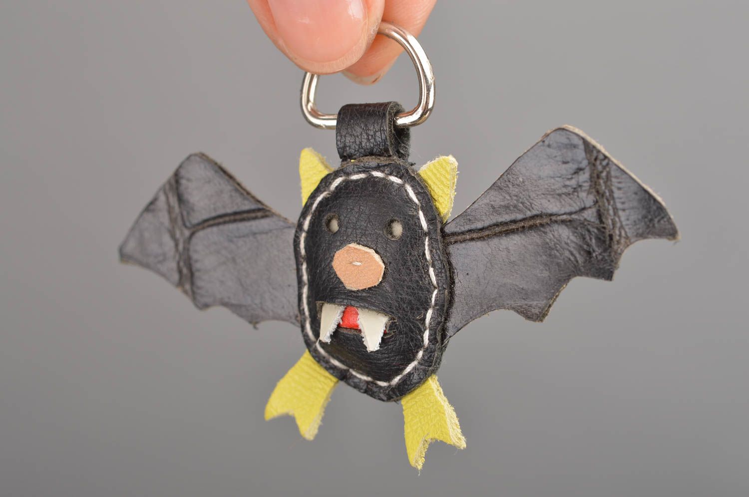 Handcrafted unusual leather keychain in form of bat for adults children photo 2