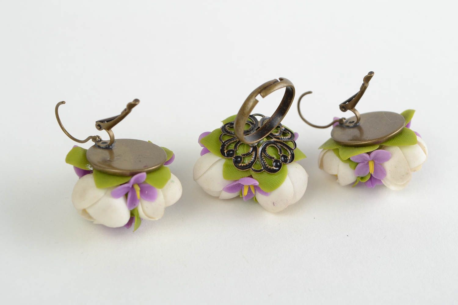 Earrings and a ring made of cold porcelain with white flowers handmade set photo 5