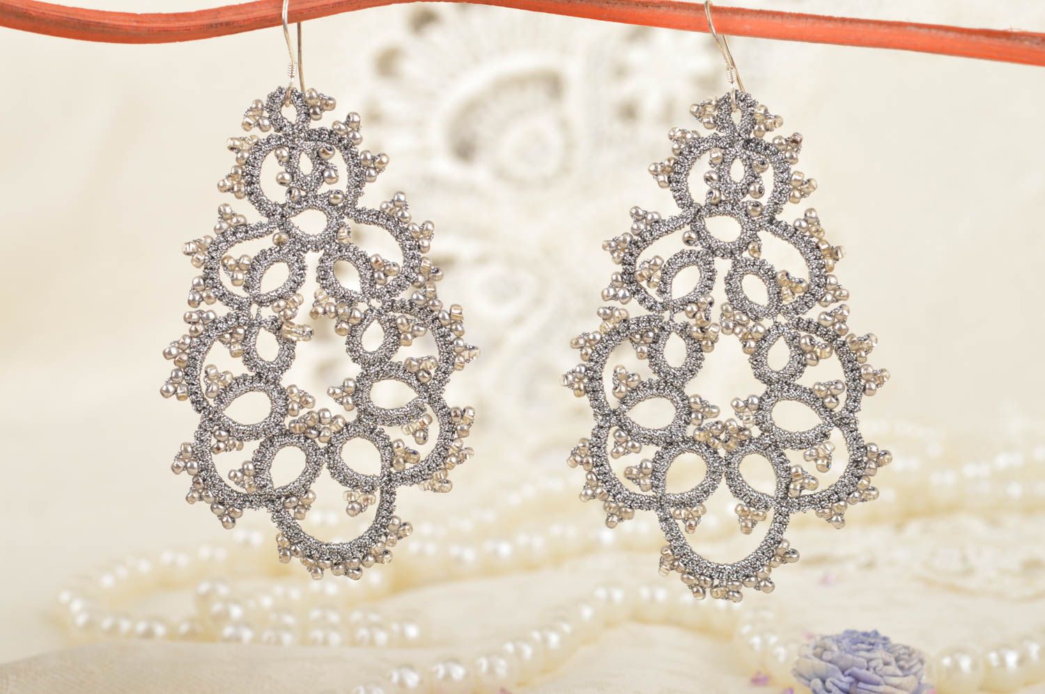 Handmade designer massive lace drop tatted dangle earrings light gray long photo 1