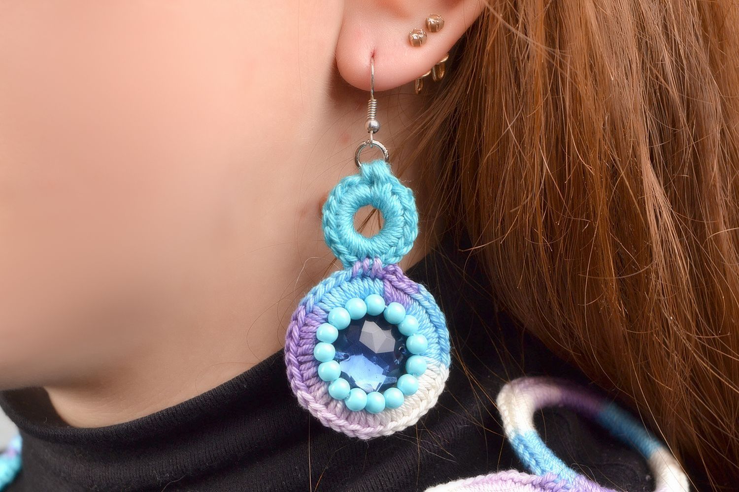 Handmade earrings woven of cotton threads with cabochon in blue color shades photo 1
