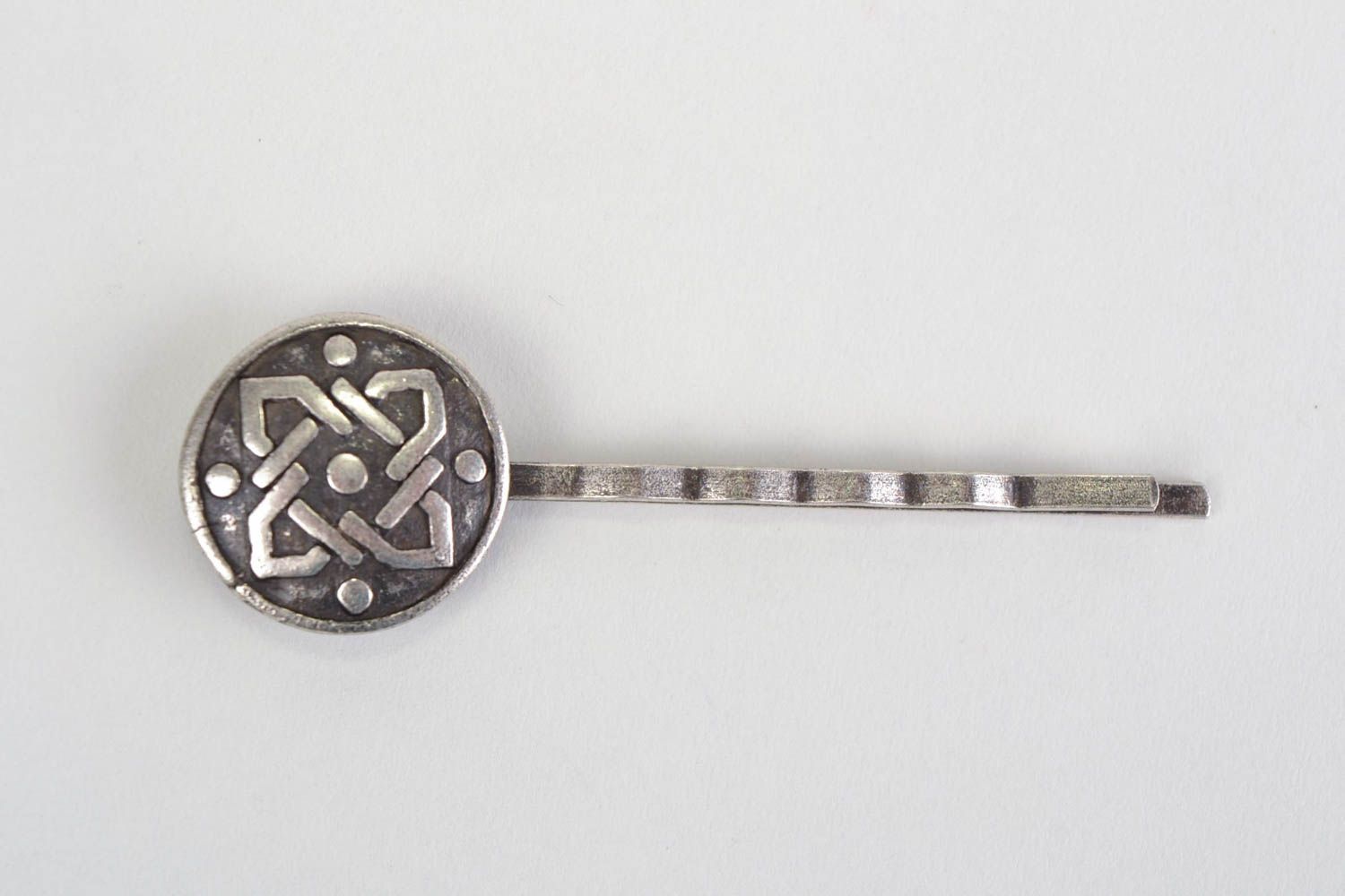 Beautiful homemade metal bobby pin with round decor element photo 3