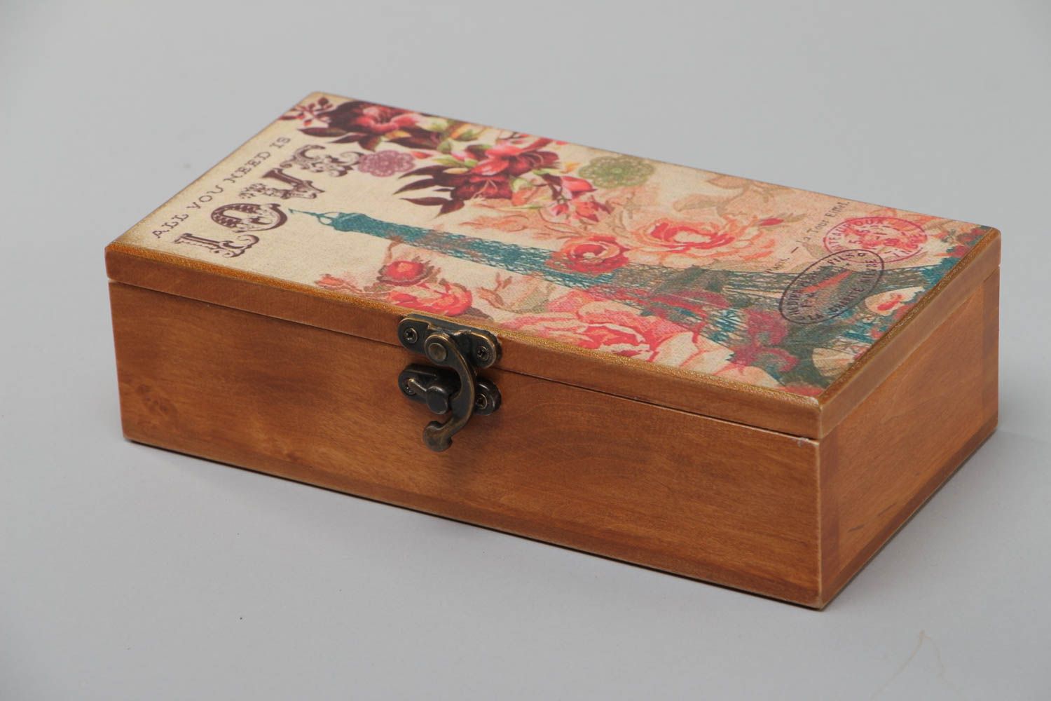 Handmade rectangular wooden jewelry box covered with wood stain and painted with acrylics photo 4