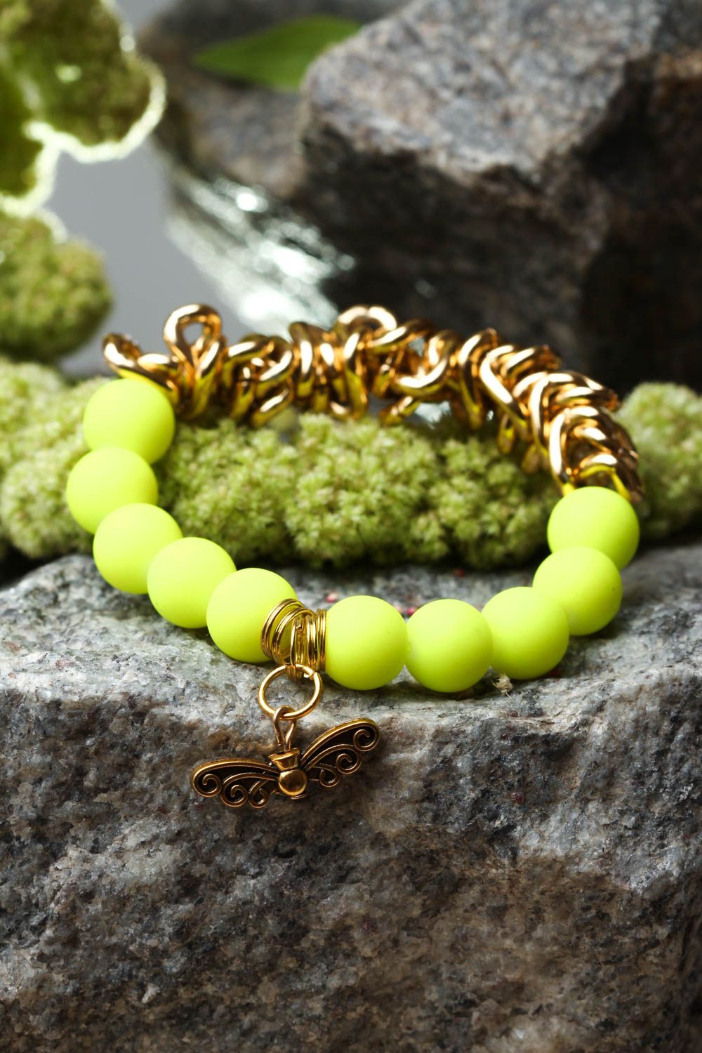 Bracelet jaune Bijou fait main perles céramiques papillon Cadeau pour femme photo 2
