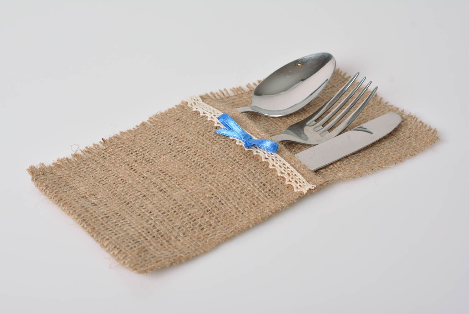 Beautiful handmade decorative case for cutlery made of burlap with lace for home photo 2