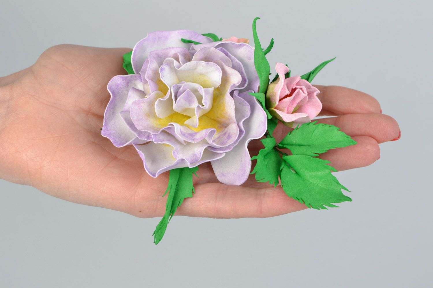 Handmade hair clip brooch with tender violet foamiran rose accessory transformer photo 2