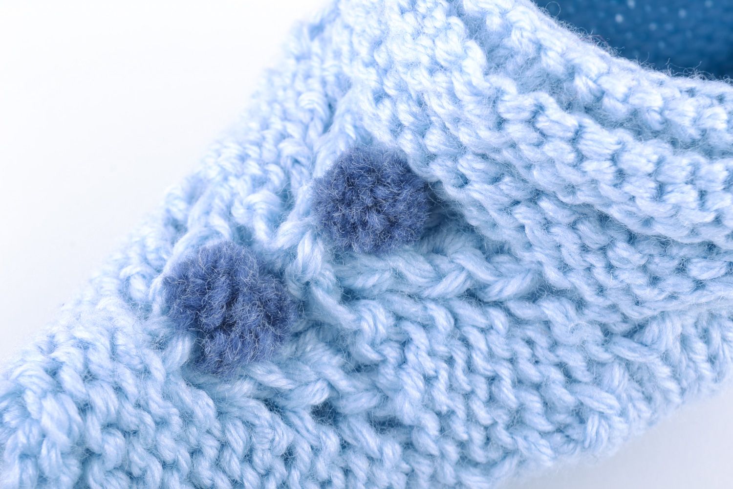 Light blue beautiful handmade slippers knitted of semi-woolen yarns for women  photo 2