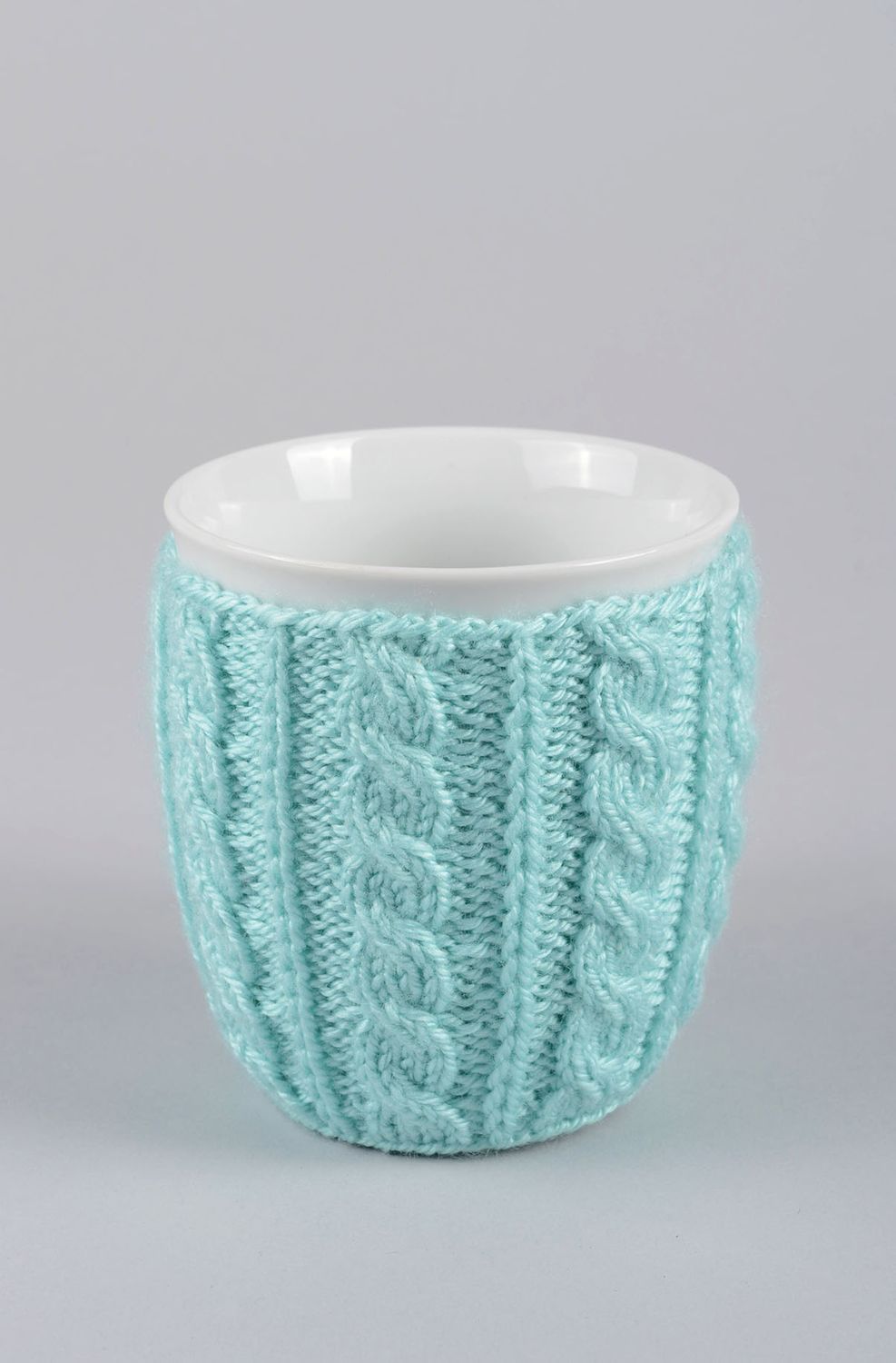 White teacup with handle and knitted cover in any color photo 2