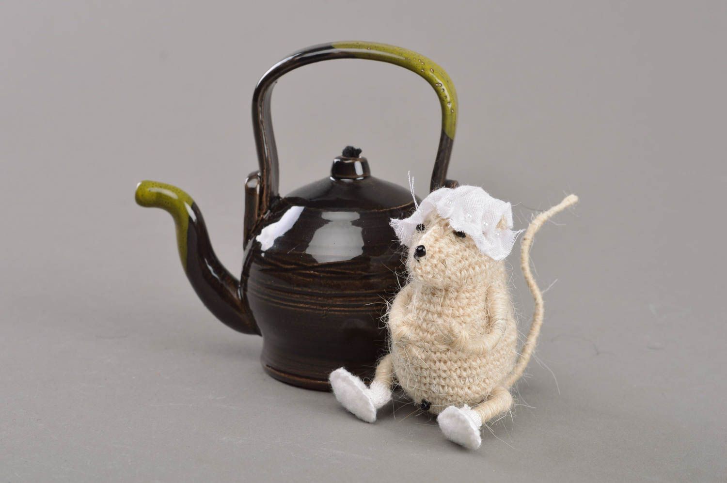 Unusual handmade designer decorative set of crochet soft toy and ceramic teapot photo 1