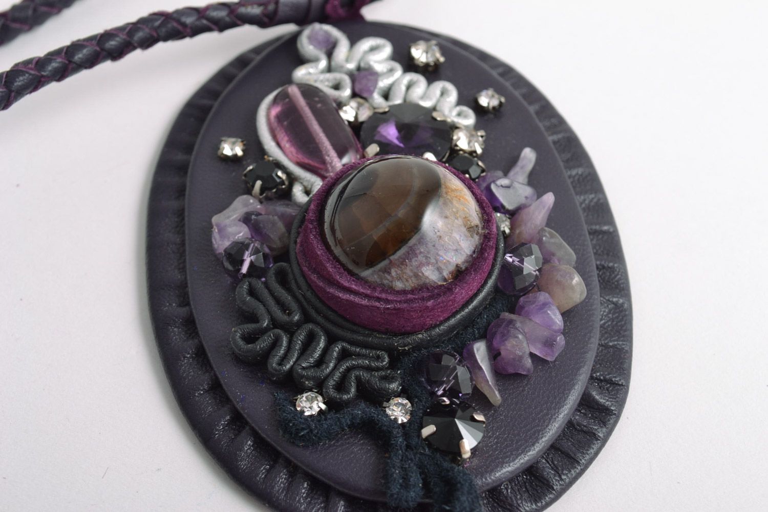 Handmade beautiful leather pendant on a long cord with with natural amethyst stone photo 3