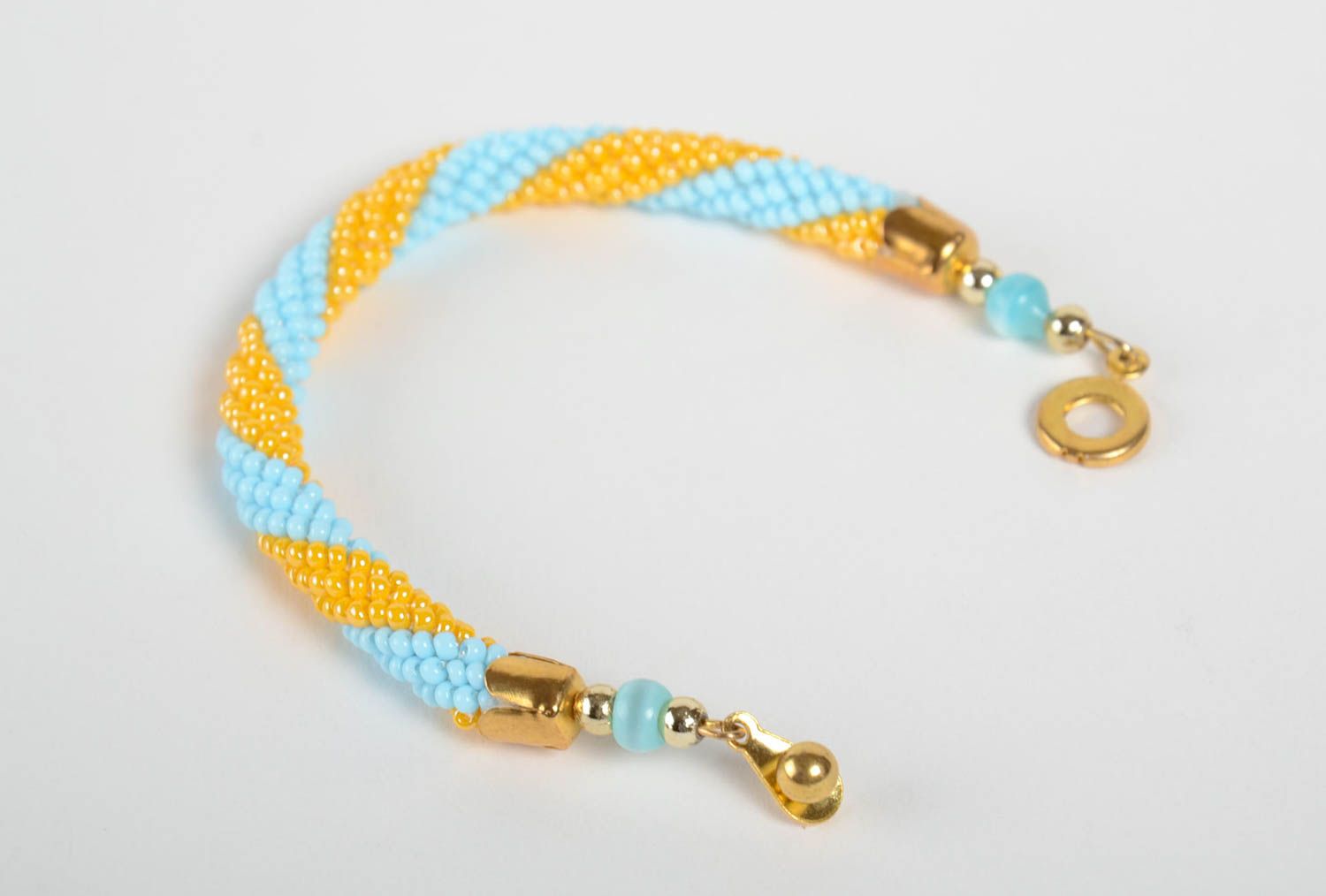 Handmade beaded cord bracelet in yellow and blue colors for women  photo 3