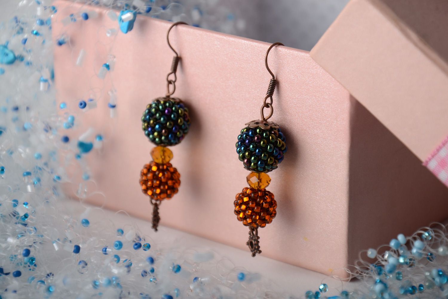 Handmade festive dangle earrings woven of Czech beads with bronze ear wires photo 5