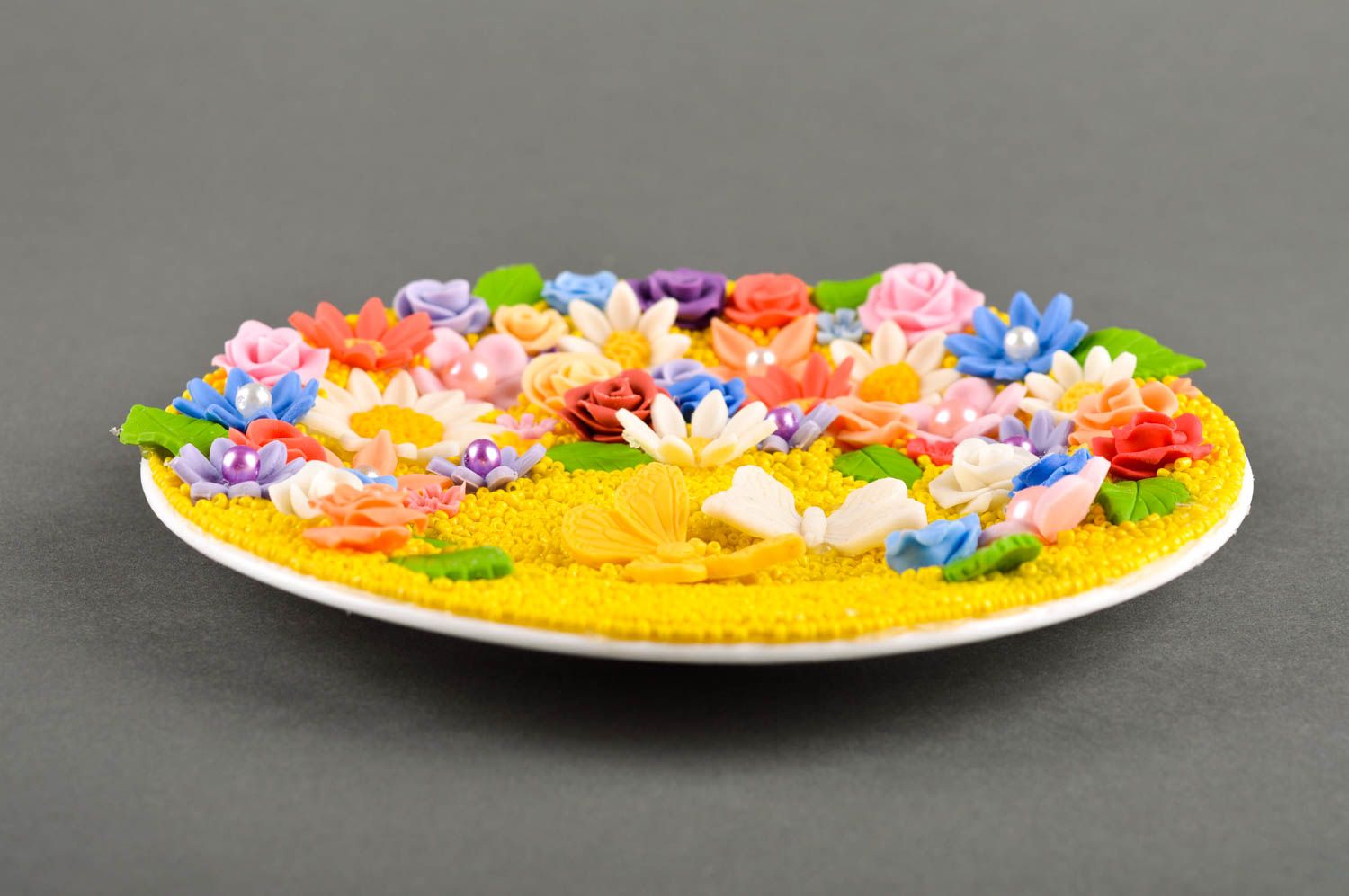 Assiette décorative Décoration fait main jaune avec fleurs Vaisselle déco photo 4