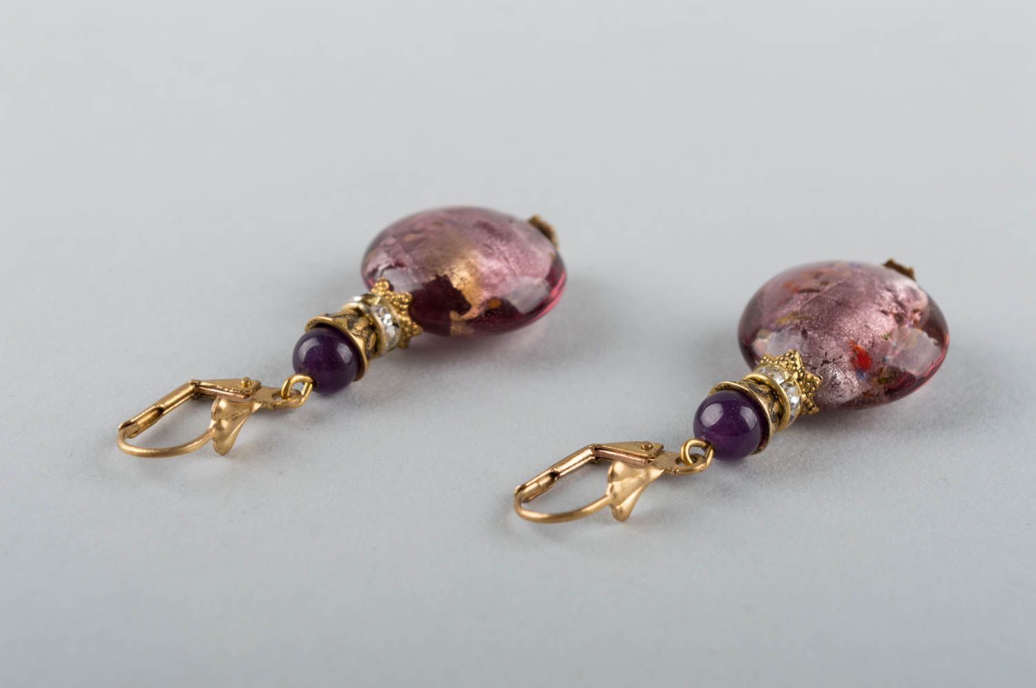 Beautiful handmade long brass earrings with Murano glass beads designer jewelry photo 4