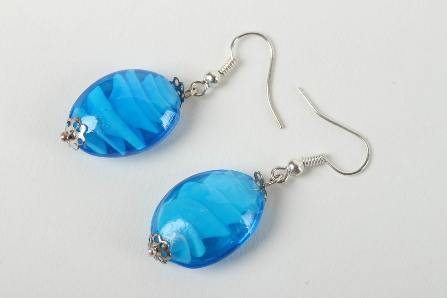 Boucles d'oreilles en verre Bijou fait main bleues ovales Idée cadeau femme photo 2