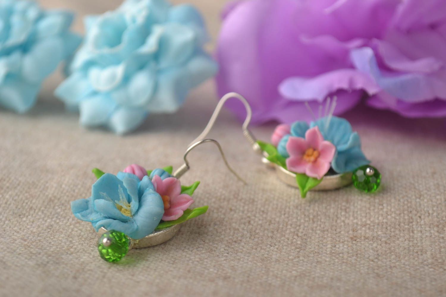 Handmade zarte Blumen Ohrringe Designer Schmuck Accessoires für Frauen blau rosa foto 1