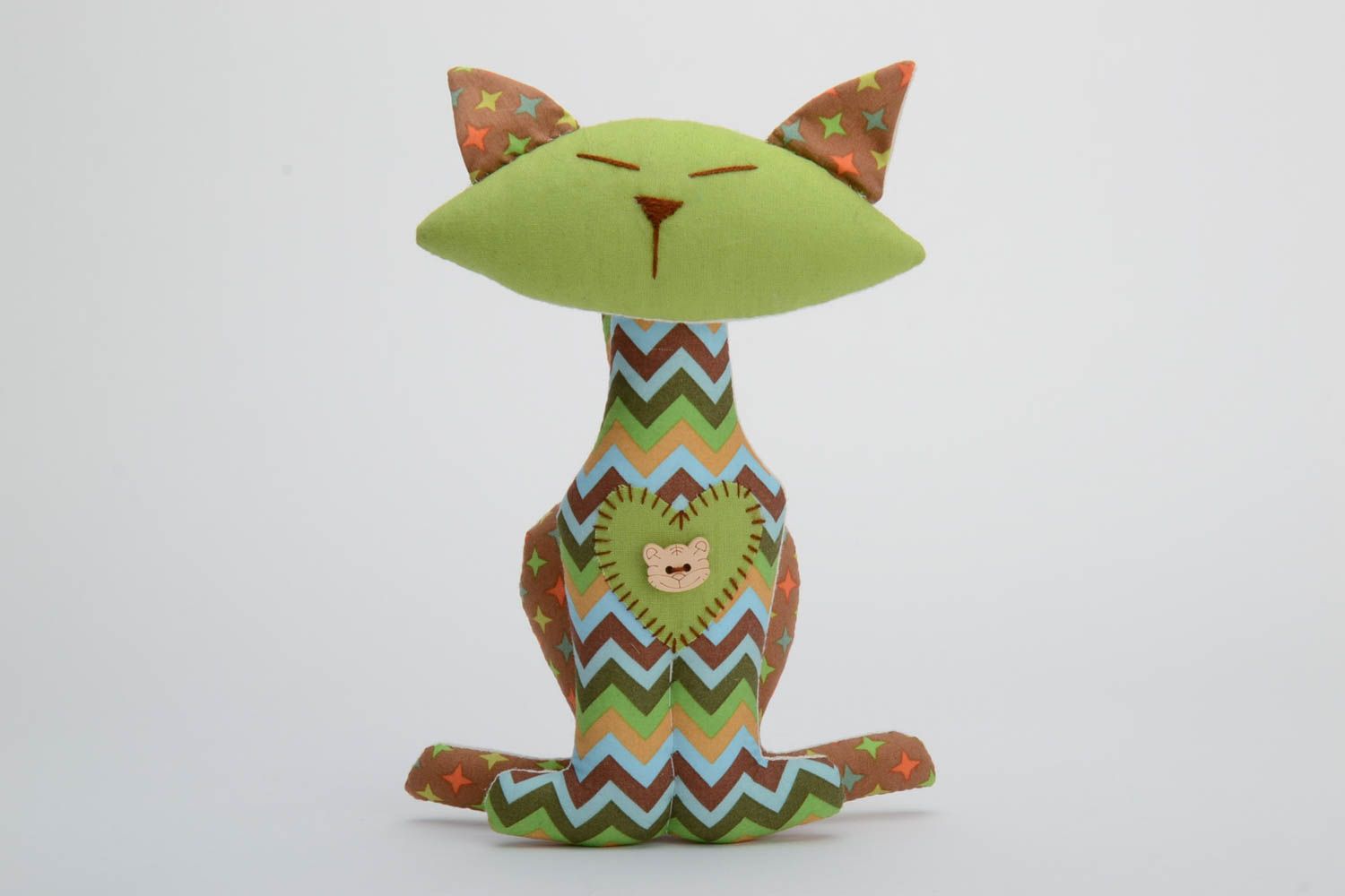 Handmade designer green and brown pattern cotton fabric soft toy cat for kids photo 2