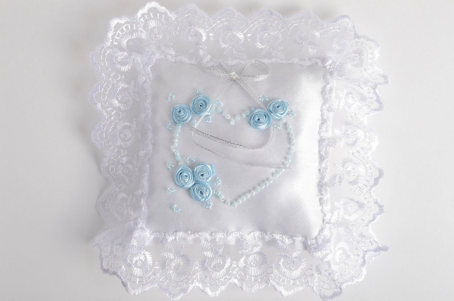 Beautiful designer handmade satin wedding ring pillow with lace and blue flowers photo 2