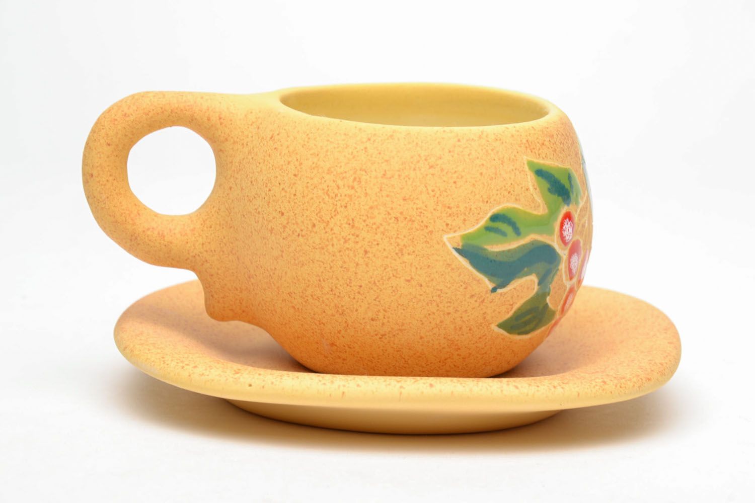 Art clay ceramic 5 oz cup with handle, saucer, and floral pattern photo 3