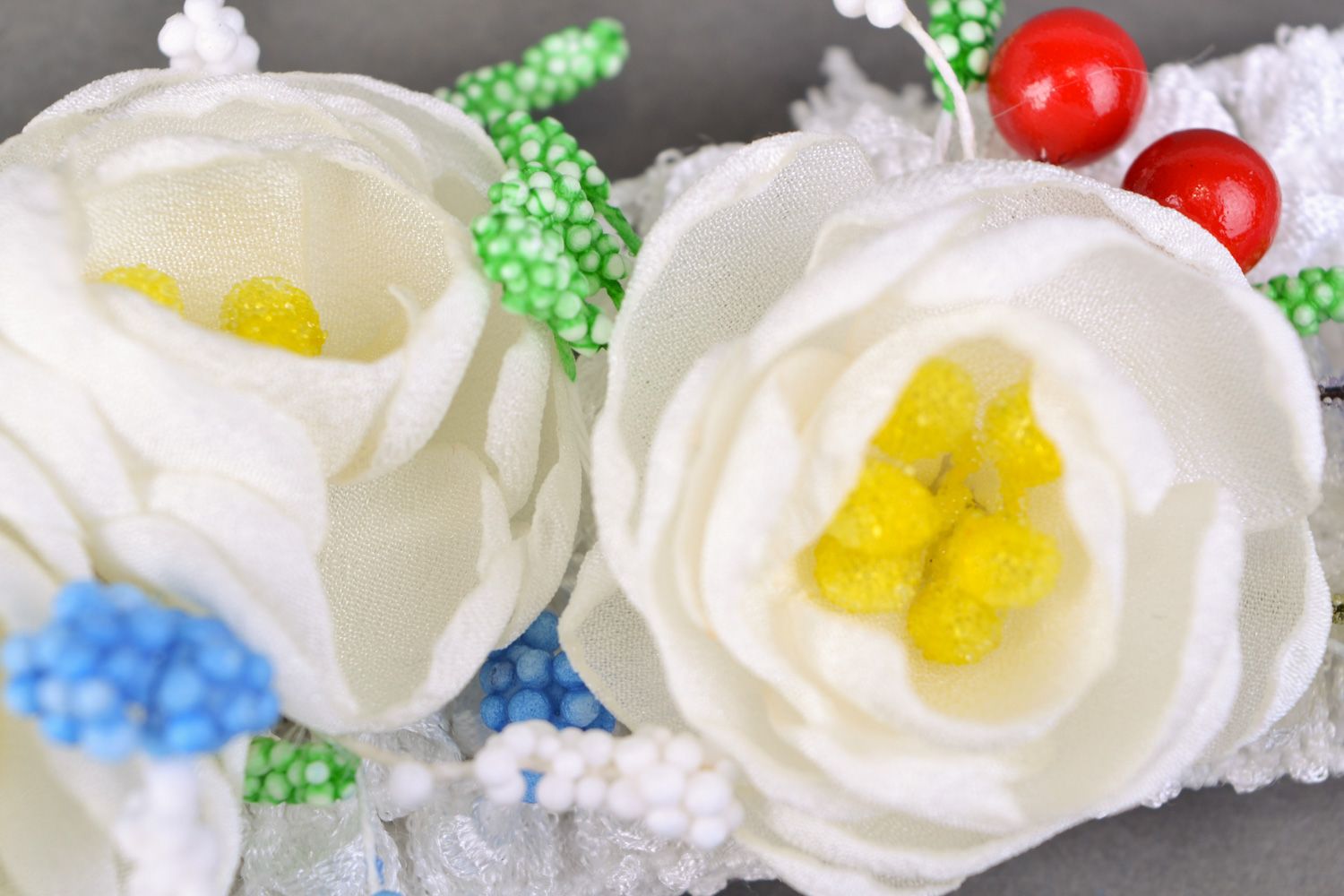 Handmade white fabric headband with chiffon flowers and decorative berries photo 4