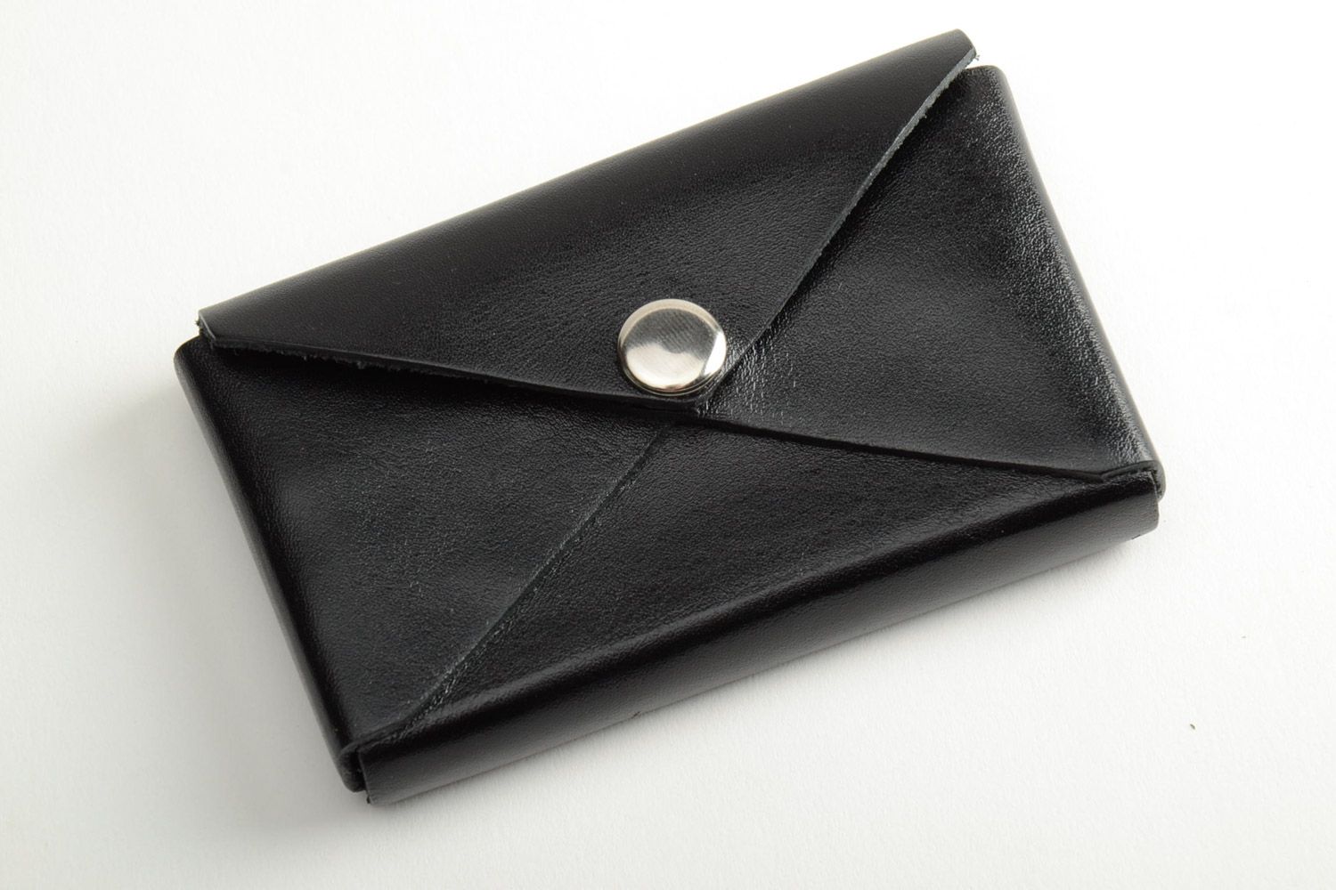 Handmade designer business cards holder sewn of black genuine leather for men photo 2
