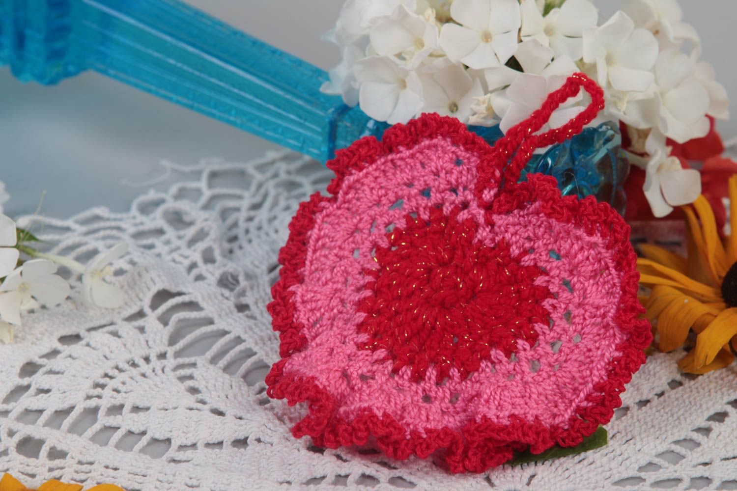Red textile for home handmade crocheted pot holder designer kitchen supplies photo 1