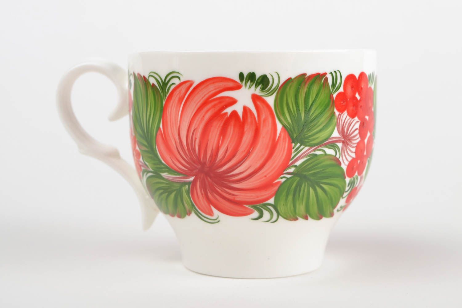 8 oz ceramic porcelain cup in white, red, and green color with handle and Russian style pattern photo 3