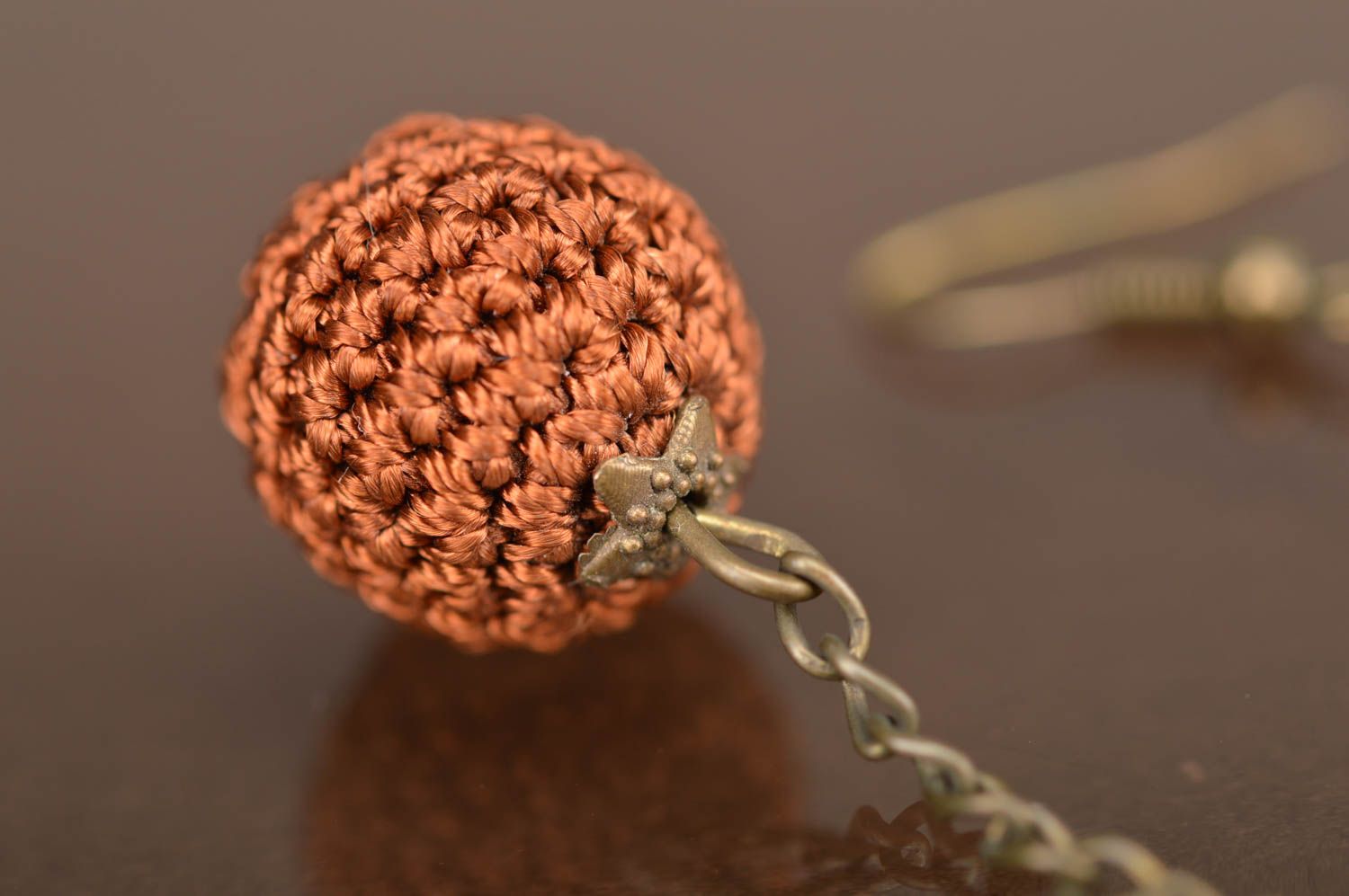 Beautiful handmade designer stylish earrings with brown crochet over beads photo 2